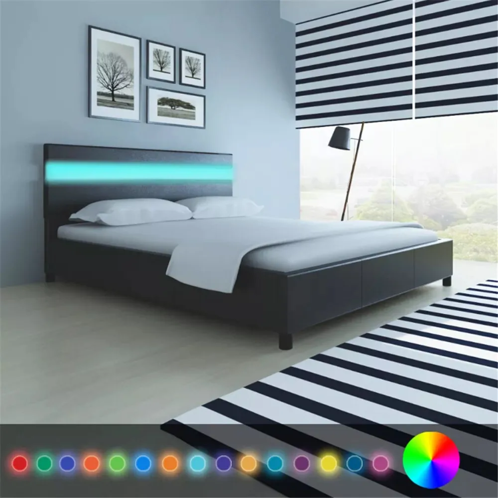 Black Artificial Leather Bed with LED Headboard Bed Frame 200 x 160 cm Bedstead Platform Bed for Bedroom Home Hotel V3