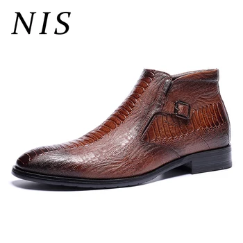 

NIS Embossed Leather Chelsea Boots Men Shoes Autumn Winter 2019 Plush Inner Pointed Toe Side Zipper Ankle Boots Big Size 39-46
