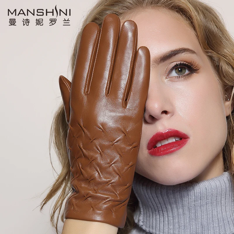 Genuine leather touch screen gloves female winter thick warmth first layer sheepskin gloves women's telefingers gloves MLZ026