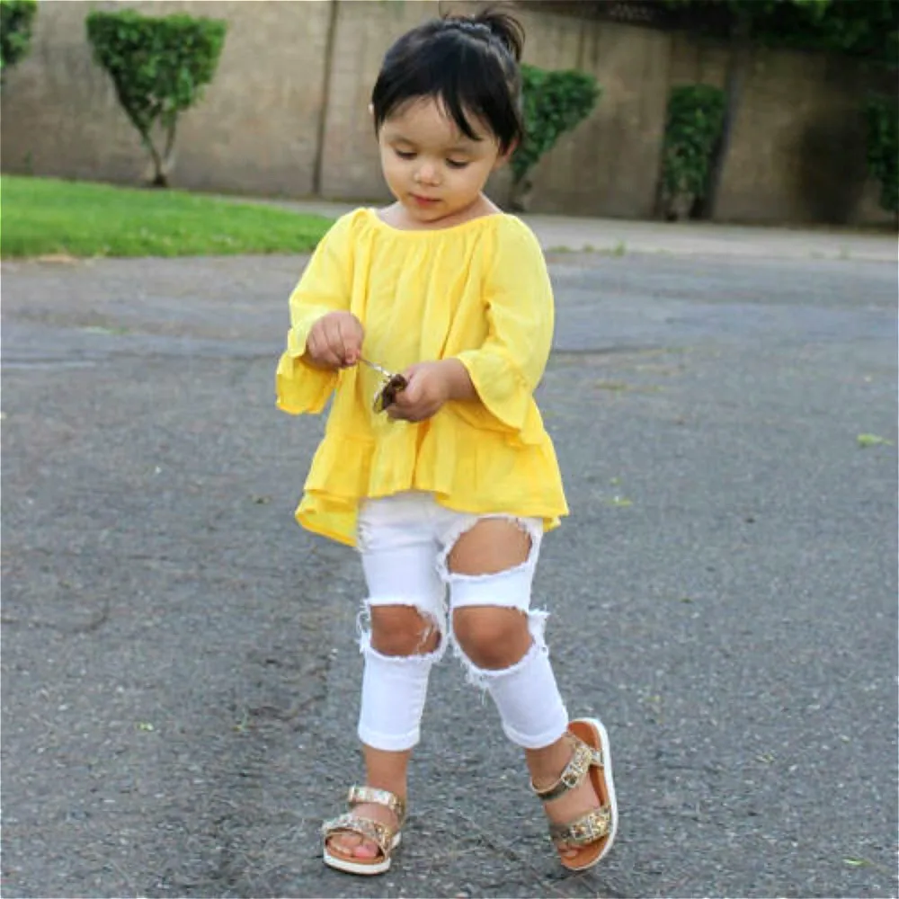 

2Pcs Kids Baby Girls Tops Long Sleeve T-shirt Hole Pants Leggings Autumn Child Girl Clothes Set Outfit