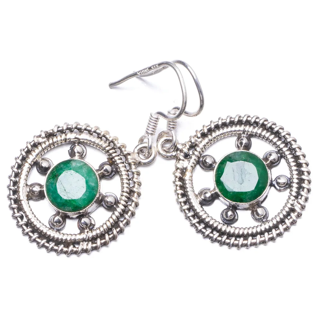 

Natural Emerald Handmade Unique 925 Sterling Silver Earrings 1.5" Y1546