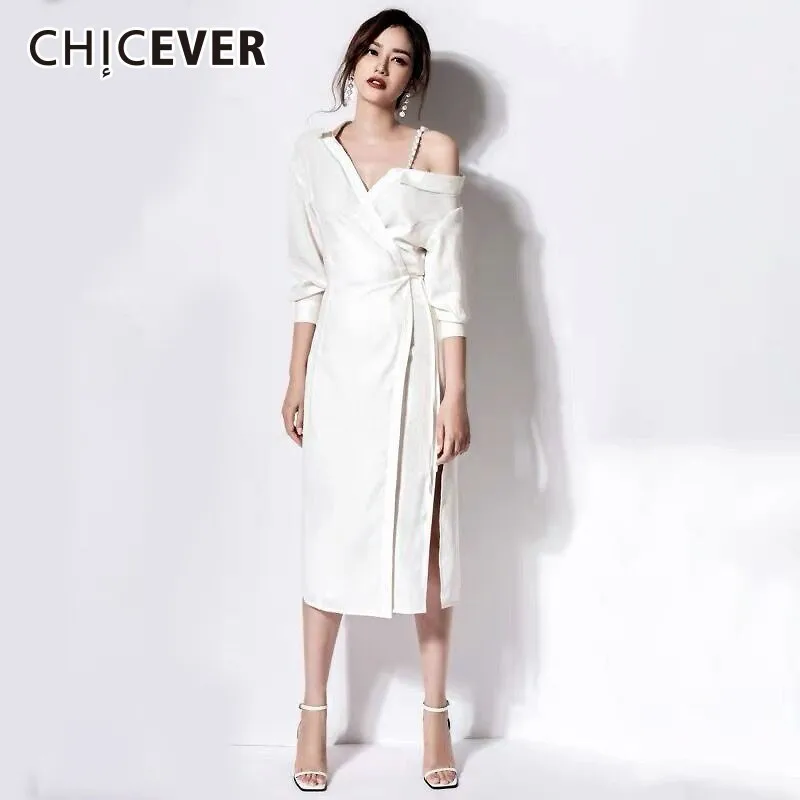 

CHICEVER Sexy Irregular Sling Pearl Off Shoulder Women Dress V Neck Half Sleeve High Waist Slim A-line Knee-length Dresses New