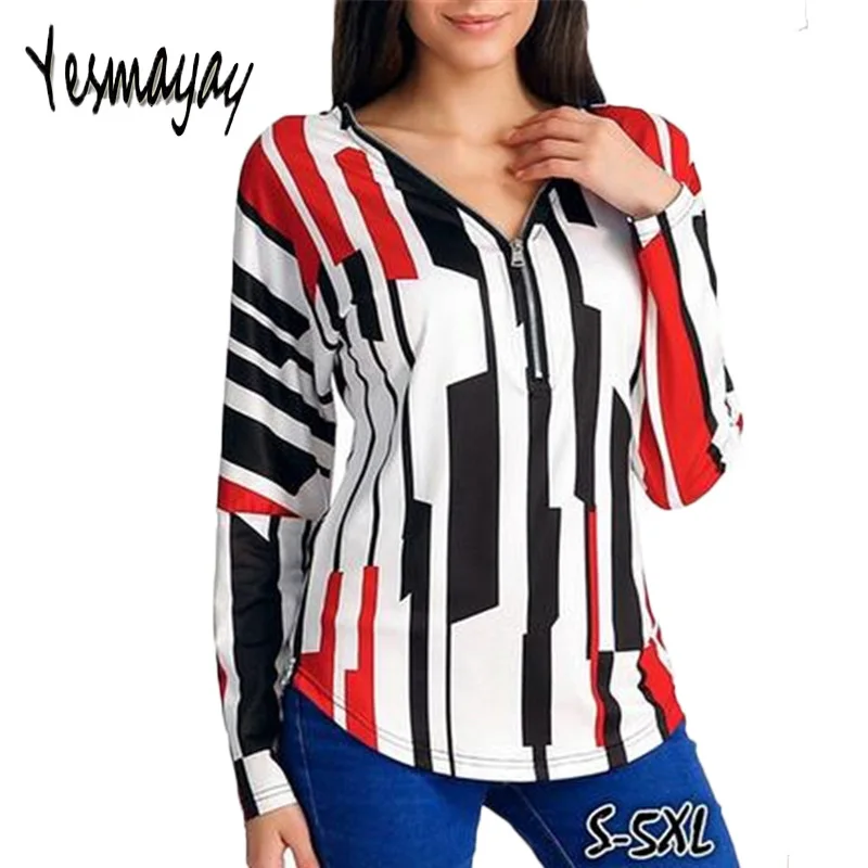 

Women Shirts Plus Size 4XL 5XL V-neck Sexy with Zip T-shirt Women Long Sleeve for Work Print Top Tshirt Femme Camiseta Mujer