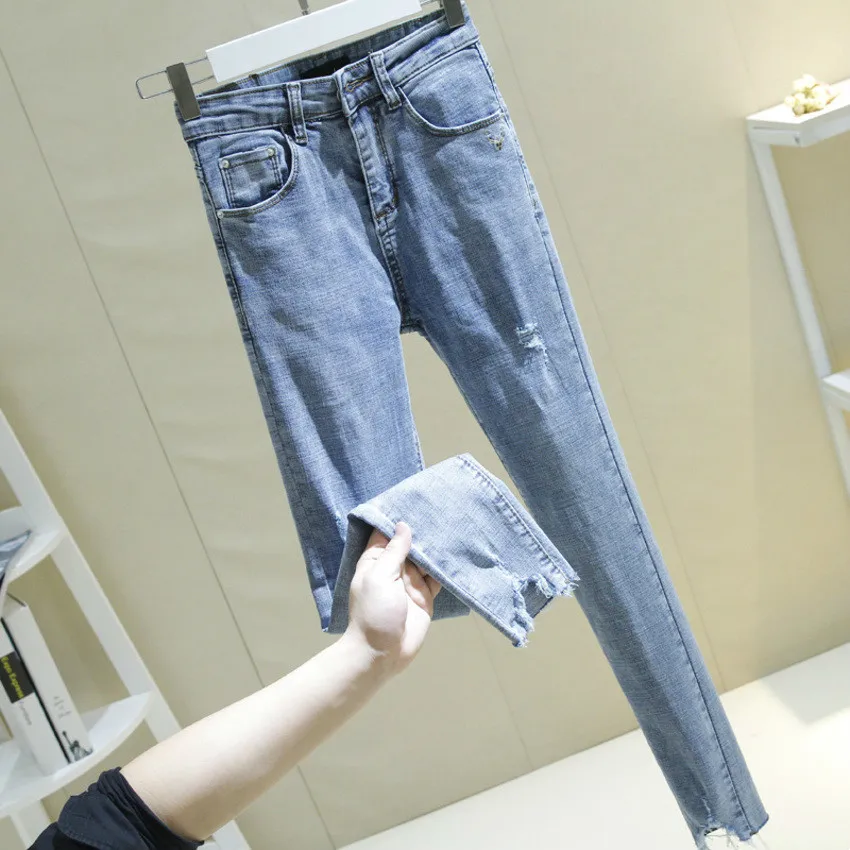

Slim Jeans For Women Skinny High Waist Jeans Woman Ripped Hole Blue Denim Pencil Pants Stretch Female Jeans