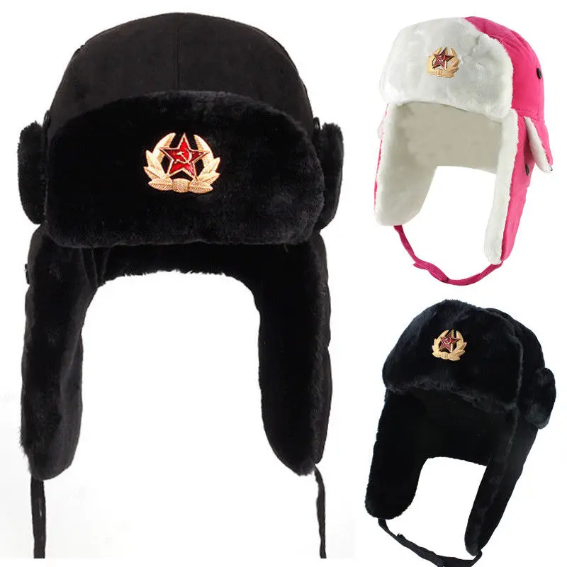 

Soviet Army Military Badge Russia Ushanka Bomber Hats Pilot Trapper trooper Hat Winter Faux Rabbit Fur Earflap Men Snow Caps New