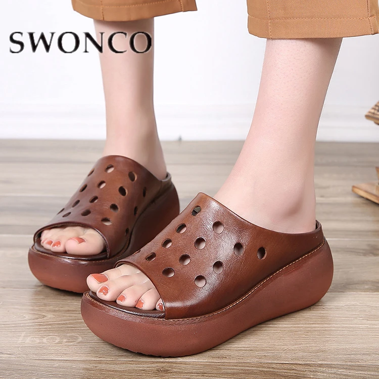 

SWONCO Women's Slides Ladies Genuine Cow Leather Crocs Hollow Out Slippers 2019Summer Solid Half Slip-On Outdoor Slide For Femal