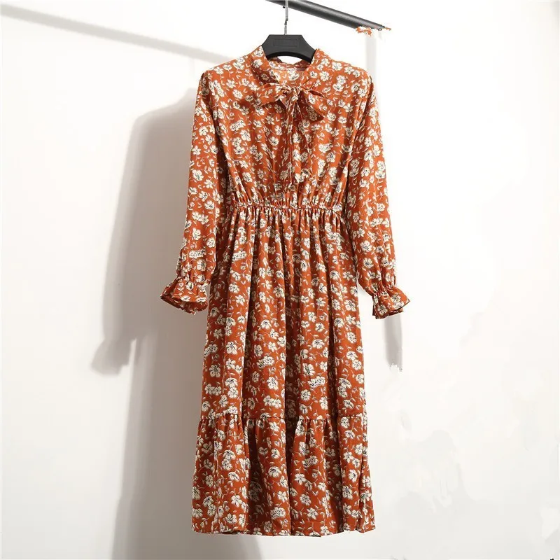 Осеннее платье с цветочным принтом шифоновое праздничное Vestido Mujer корейское