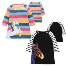 Детское платье принцессы для маленьких девочек повседневные платья в полоску с длинными рукавами и единорогом
