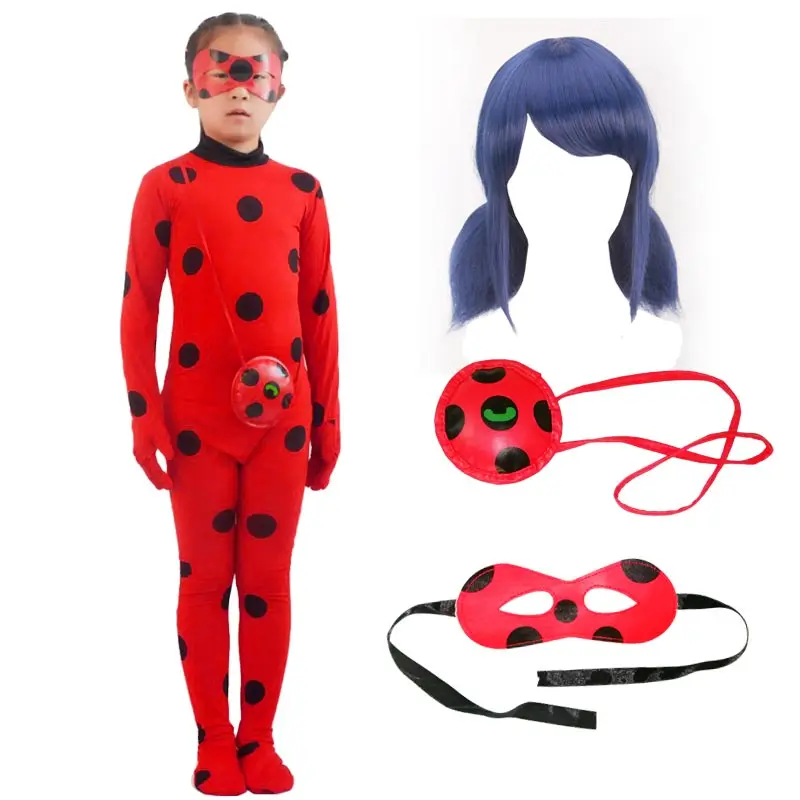 

Adult Kids Lady Bug Halloween Party Costumes Girls Wig Bag Eye Mask Spandex Zantail Ladybug Costume Cosplay