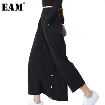

[EAM] 2020 Spring New Product Fashion Button Black Wide Leg Pants Woman High Waist Loose Big Size Pants All-match Y91801