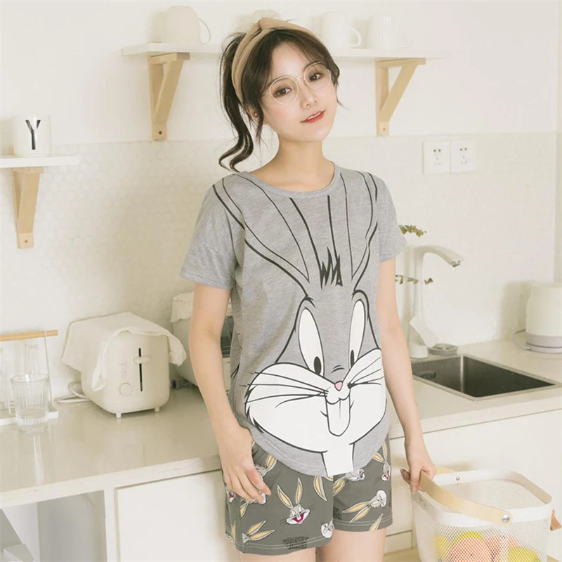 

2019 Women Pajamas Set Summer Pyjamas Lady Cartoon Sleepwear Short-sleeved T-shirt + Casual Shorts Home Clothing Lovely Nighties