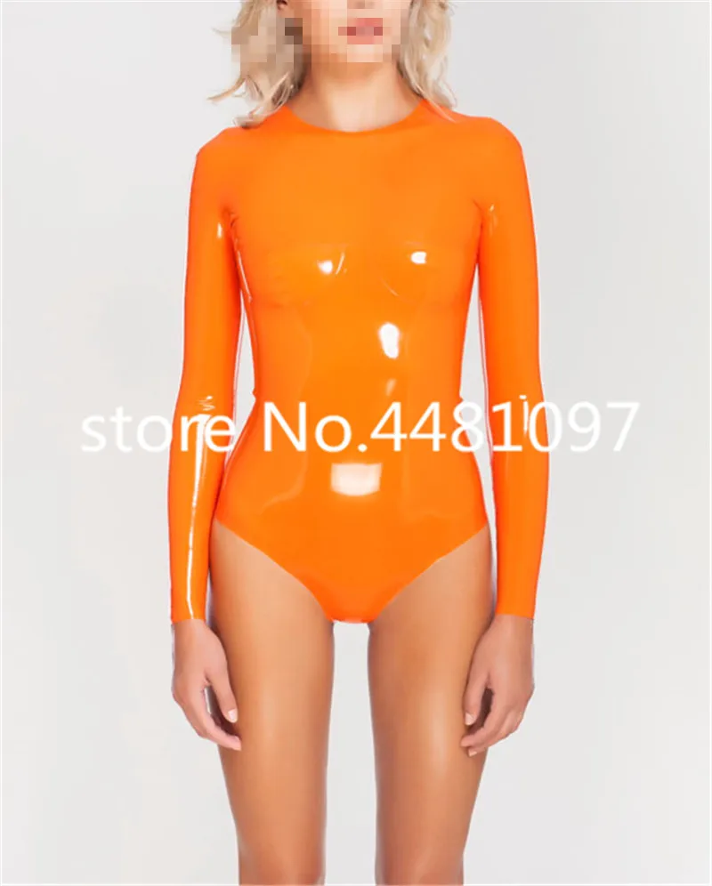 

100% Nature Latex Handmade Leotard Swimsuit Orange Latex Tight Costumes Bodysuit Latex Long Sleeve Clothes XS-XXXL(no zipper)