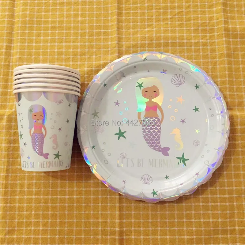 

12pcs/lot Shiny Silver Let's Be Mermaid Theme 6pcs 7inch Paper Plates + 6pcs Paper Cups Holiday Party Tableware Set Kids Favor
