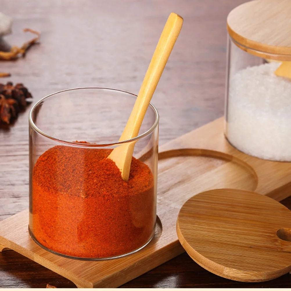 Стеклянная банка для хранения сахара с бамбуковой крышкой и деревянной ложкой| |