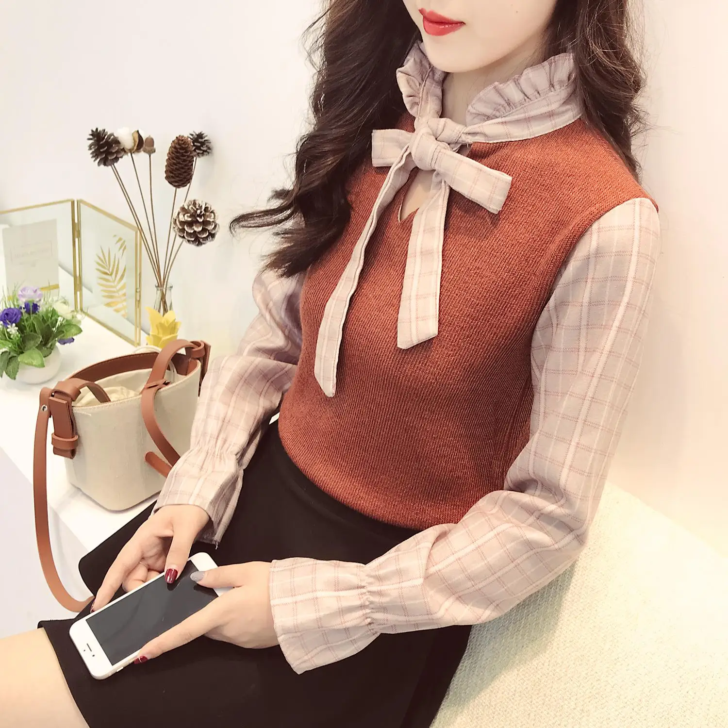 

Korean Fashion Lolita Plaid Long Sleeve Blouse Women Bowknot Spring Autumn Ruffles Collar Ladies Tops Patchwork Flare Sleeve