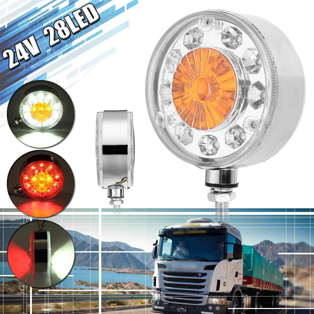

24V 28 LED Double Face Front Rear Side Marker Light for Trucks Tractors Buses Boat White Red Yellow