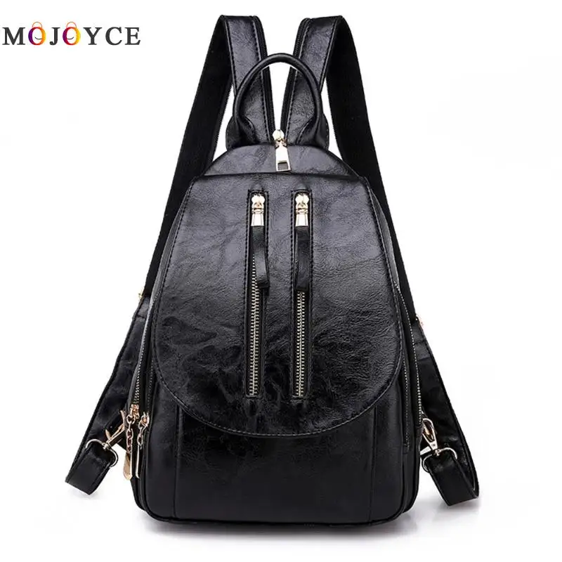 

Multifunction Black Zipper Travel Backpack Female Solid Color Women PU Leather Double zip strap Chest Backpack