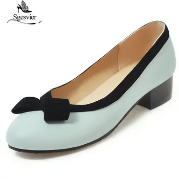 

SGESVIER Slip On Low Heels Daily Party Ladies Shoes Plus Size 34-48 Lolita Bowtie Thick Heel Round Toe Pumps Women Shoes G250