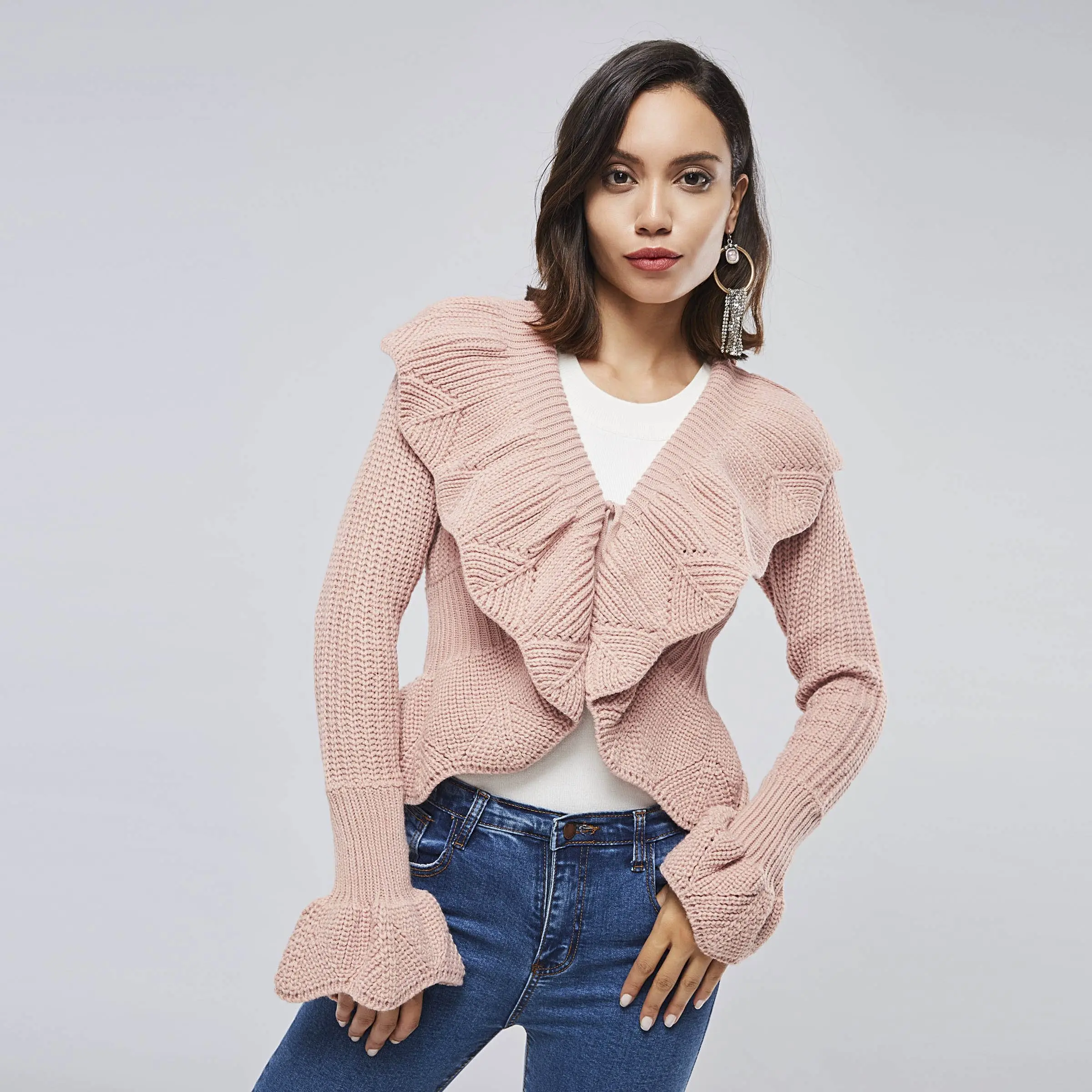 Pink Cardigan Knitted Sweater Casual Coat Women Autumn Preppy Style