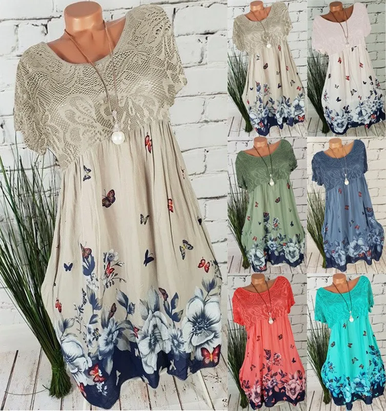 

2019 Summer Lace Hollow Out Floral Print Dress Women Short Sleeve Empire A-Line Dresses Plus Size Large Size Dress