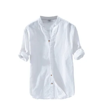 

#4732 Linen Shirt Men Casual Vintage Casual Long Sleeve Shirt Men V Neck White Blue Khaki Vintage Shirt Thin Regular Fit