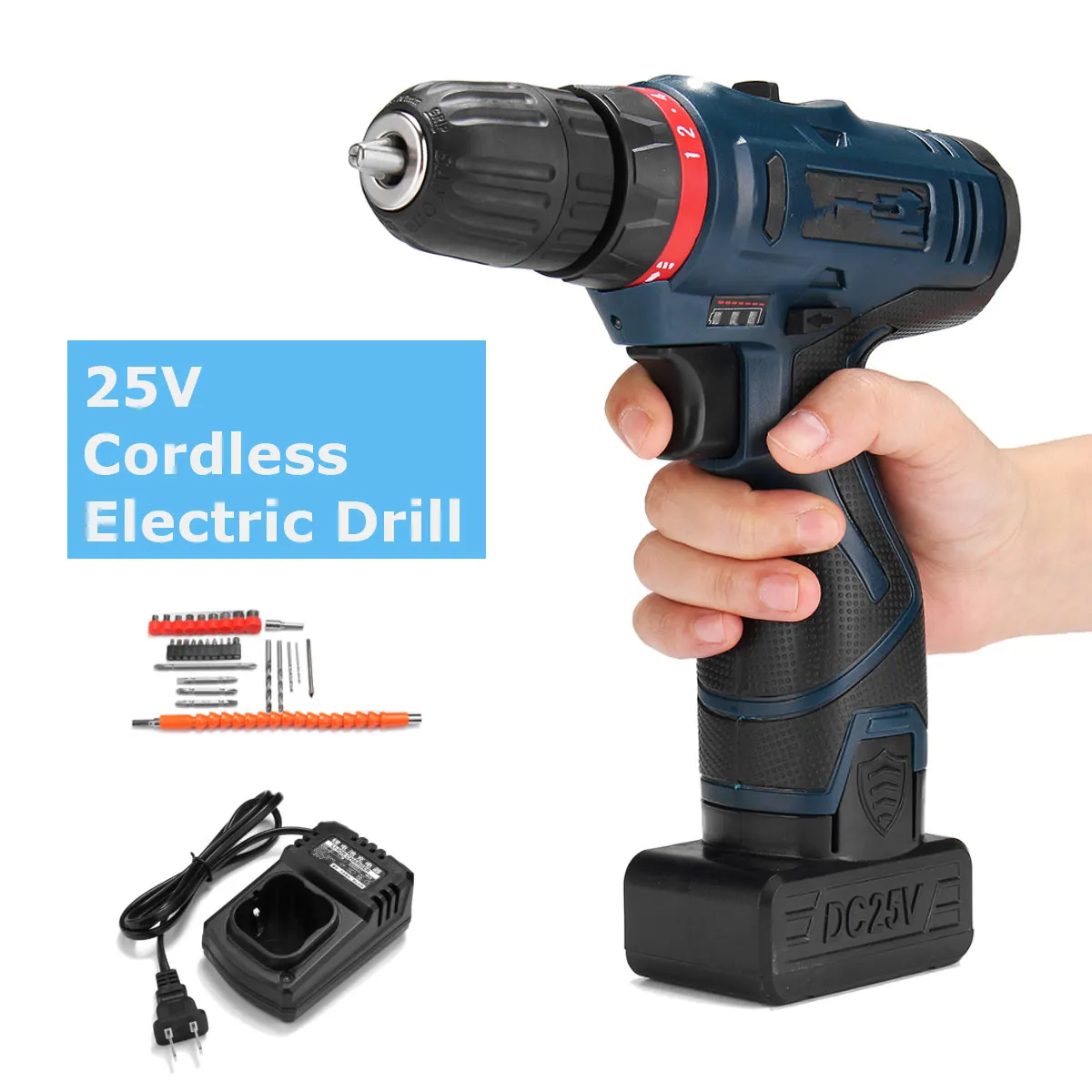 

25V Dual Speed Waterproof Cordless Electric Hammer Drill Driver Tool Kit Box Eletric Hand Driver With Suitcase Plastic Box