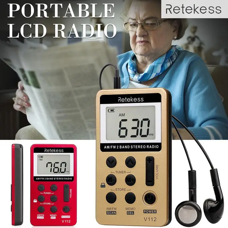 

V-112 Portable Outdoor Radio AM FM Stereo LCD Dual-band Digital Tuning Player Audio Adapter