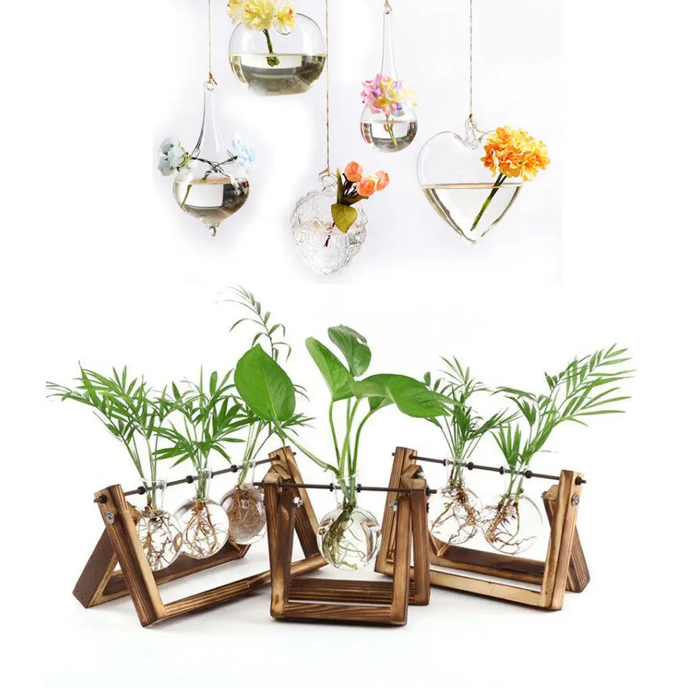 

Creative Wooden Stand Glass Terrarium Container Hydroponics Planter Flower Pot Tabletop Vase DIY Home Office Wedding Decoration