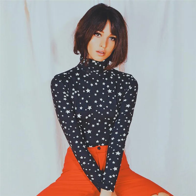 Sexy Bodysuit Women Long Sleeve Star Printed Bodysuits Jumpsuit Elastic