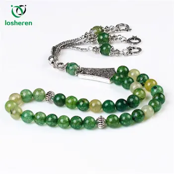 

LOSHEREN Green Dragon Agates Stone beaded 33 Prayer Beads Islamic Muslim Tasbih Allah Mohammed Rosary Bracelets For Men&Women