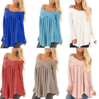 

Womens Oversized Jumper Sweater Ladies Long Sleeve Tops Knitted Cold Cut Shoulder Baggy Straps Knitwear Plus Size Cross Sweater