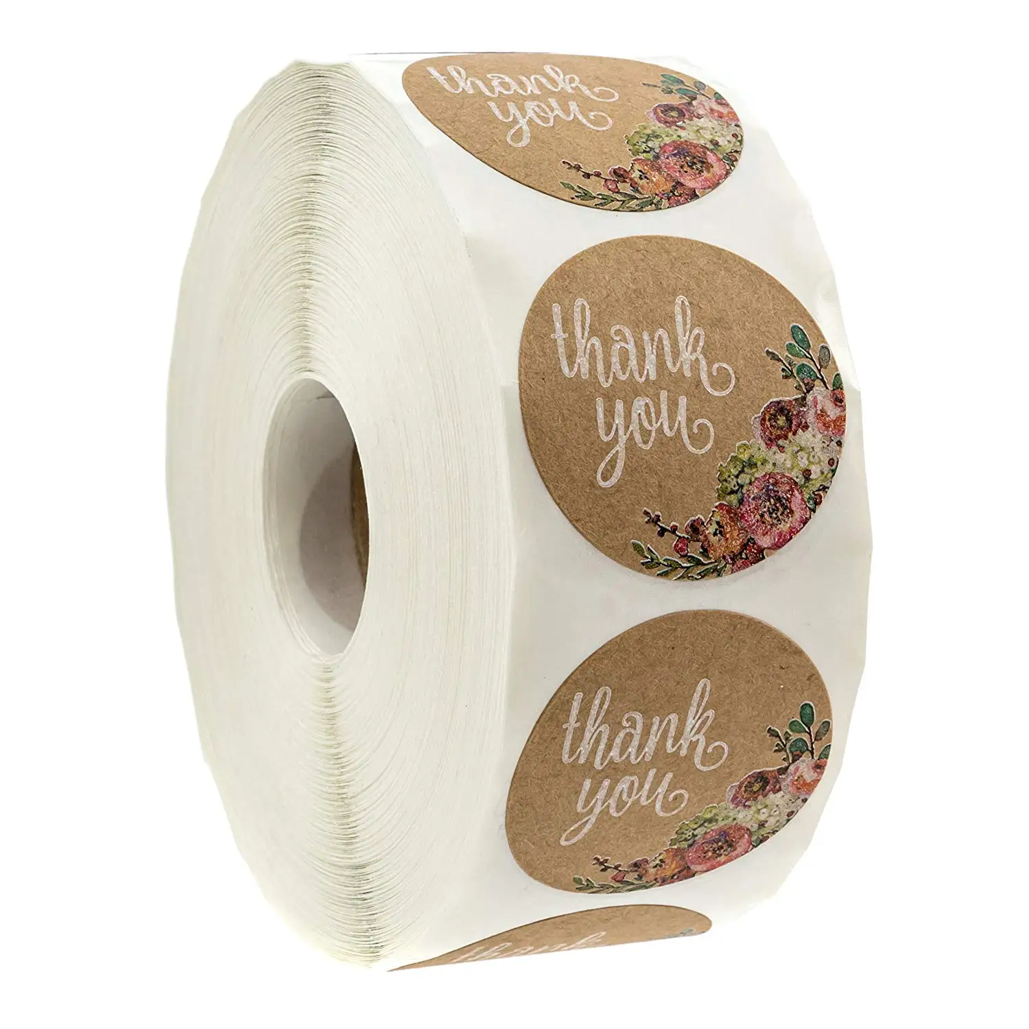 

Kraft Floral Thank You Stickers - 1 inch Circle Labels / 500 Per Pack