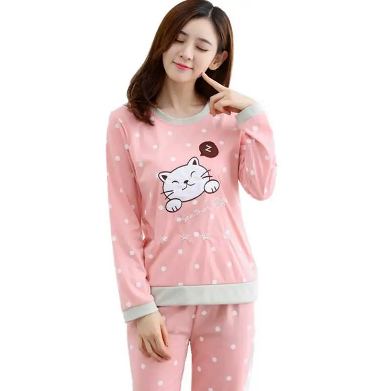 

Ladies Spring Autumn Sleep Suit Sets Women's Korean Sweet Comfortable Spandex Natural Dot Print Cartoon Cute Dot Home Sets New
