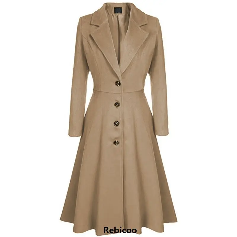 

Women Elegant Blends Warm Blends Long Winter Coat Turn-down Collar Single Breasted Coats Women Office Work Swing Blend