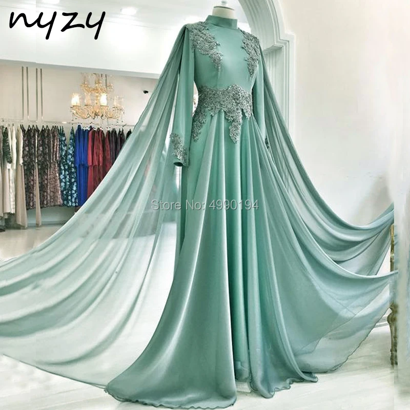 

NYZY MW19 robe soiree dubai Arabic Evening Dress Muslim Chiffon Elegant Hijab Long Sleeve Evening Gown abiye gelinlik 2019