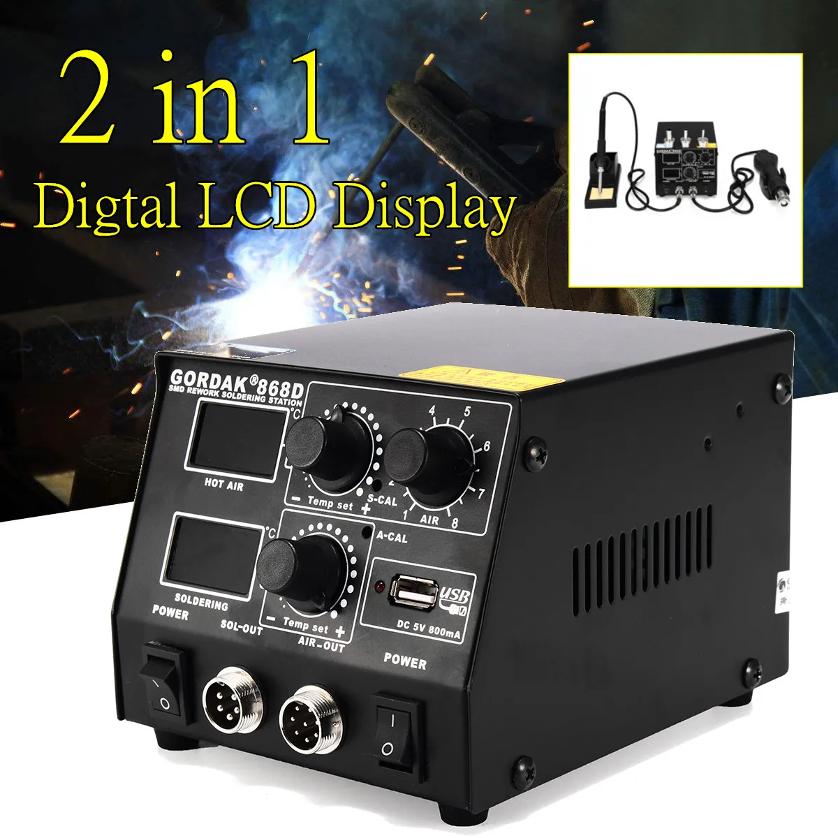 

2 in 1 868D USB Digtal LCD Display Soldering Iron SMD Rework Station Hot AirGun Welding Tools Kit Machine Welding Equipment