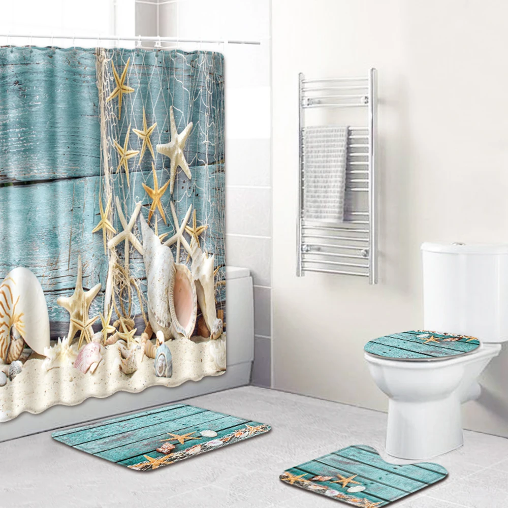 

Water-resistant Shower Curtain Toilet Cover Mat Non-slip Bath Mat Set Pedestal Rug Lid Bathroom Decoration
