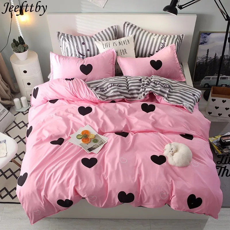 

Home Textile Pink Black Heart Bedding Sets Twin Full Queen Size Duvet Cover Sheet Pillowcase 3/4pcs Boy Girl Style Bedclothes