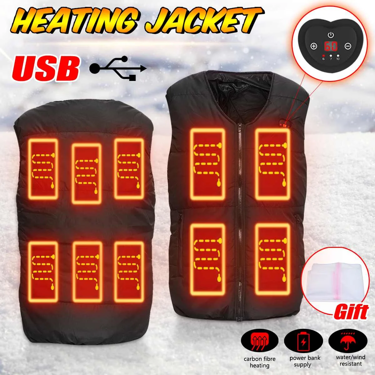 

3 Modes Men Women 10 Heating Pads USB Heated Vest Wind Resistant Jacket Winter Electric Thermal Work Safety Clothing+laundry bag