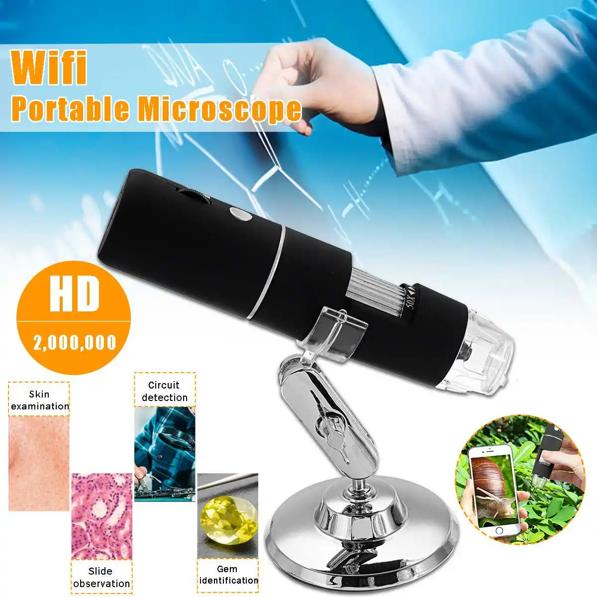 

10M Wireless Wifi Microscope Digital USB HD 2MP Camera 1000x Magnification Portable for Collectors Testers Children Students