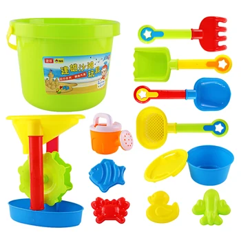 

13Pcs Beach Toys Sand Play Mold Kettle Colander Shovel Set Educational Toy with Large Bucket and Hourglass for Children