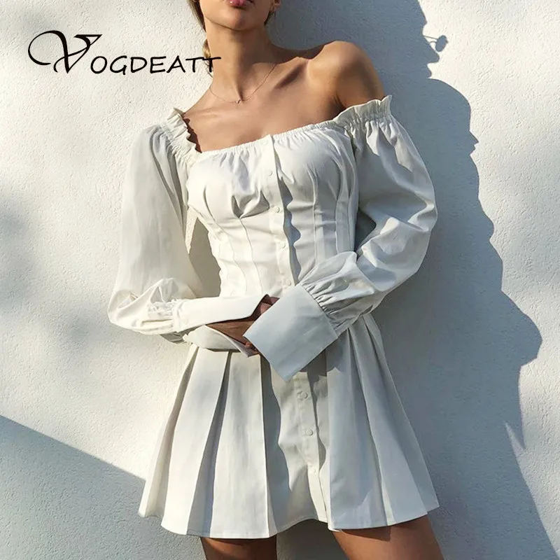 

White Ruffle Long Sleeve Women Dress Elegant A-line Slash Neck Pleated Dress Summer Streatwear Square Neck Long Sleeve Dresses