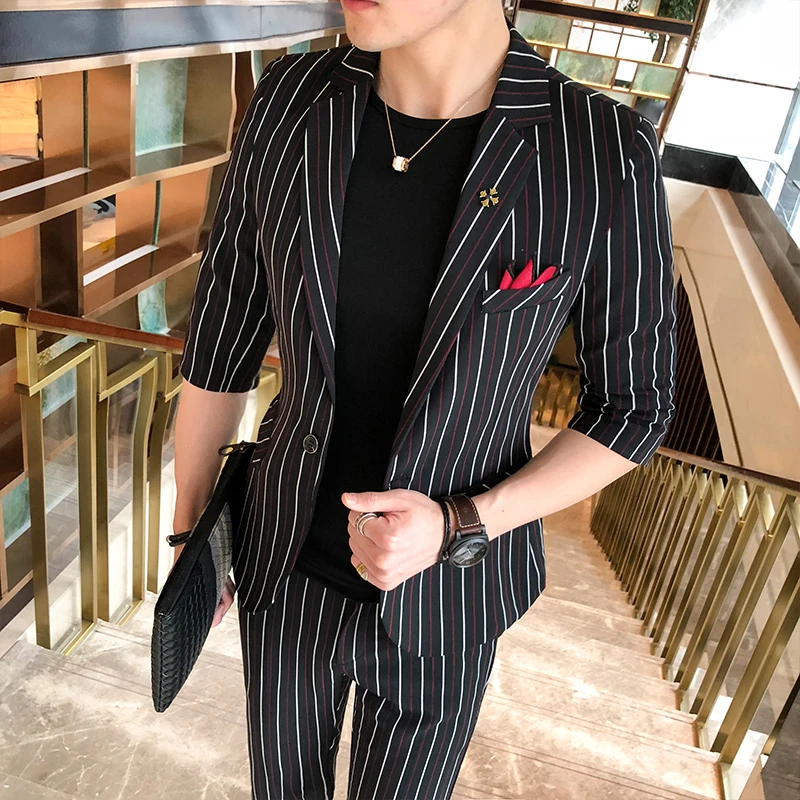 2019 New Pattern Male Sleeve Man's Suit Plus 7 Part Pants Youth Self-cultivation Stripe Twinset Fashion Best Thin Black Striped