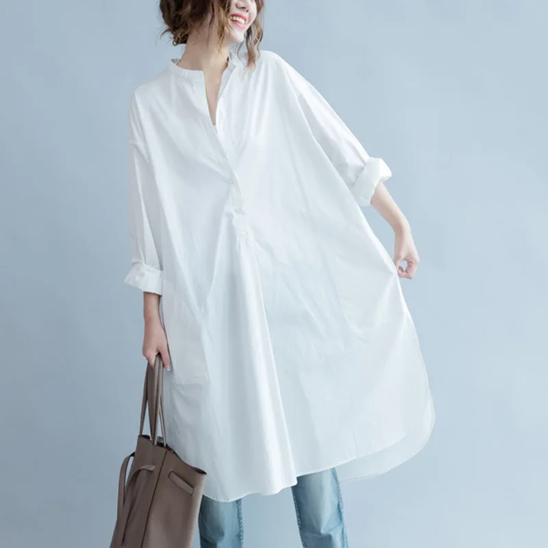 

#5701 Spring Autumn O-neck White Cotton Shirt Long Blouse Split Fashion Loose Elegant Female Cardigan Blouse Oversize Blusa Tide