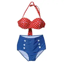 Ретро бикини с завышенной талией, с ремешком для живота, на шее, для сексуальных женщин, стильный джинсовый комплект бикини, купальник, купальник, пляжная одежда