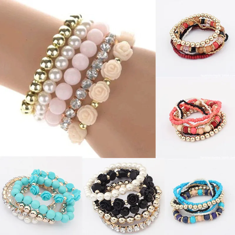 

Hot New 1PC Women Handmade New Style Beaded Bohemia Elastic Bracelet Stretch Multilayer Flower Charm Bangle Gift
