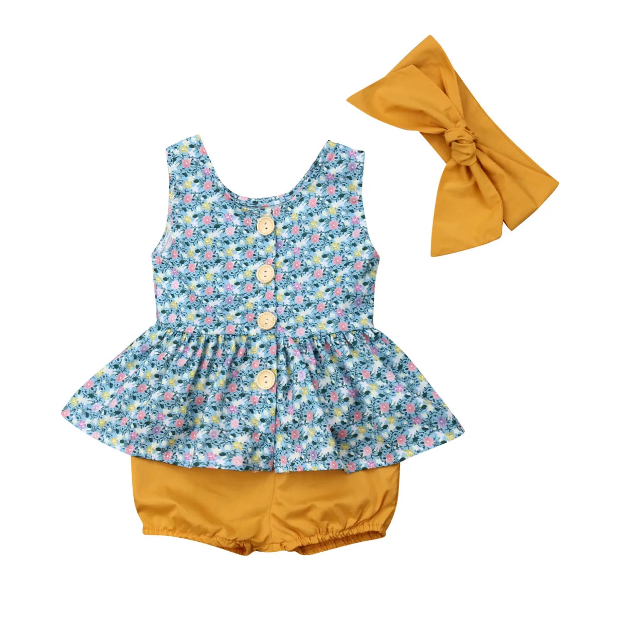Летняя одежда для новорожденных девочек плиссированное платье без рукавов на пуговицах с цветочным рисунком топ+ короткие штаны+ повязка на голову, комплект одежды на возраст от 0 до 24 месяцев