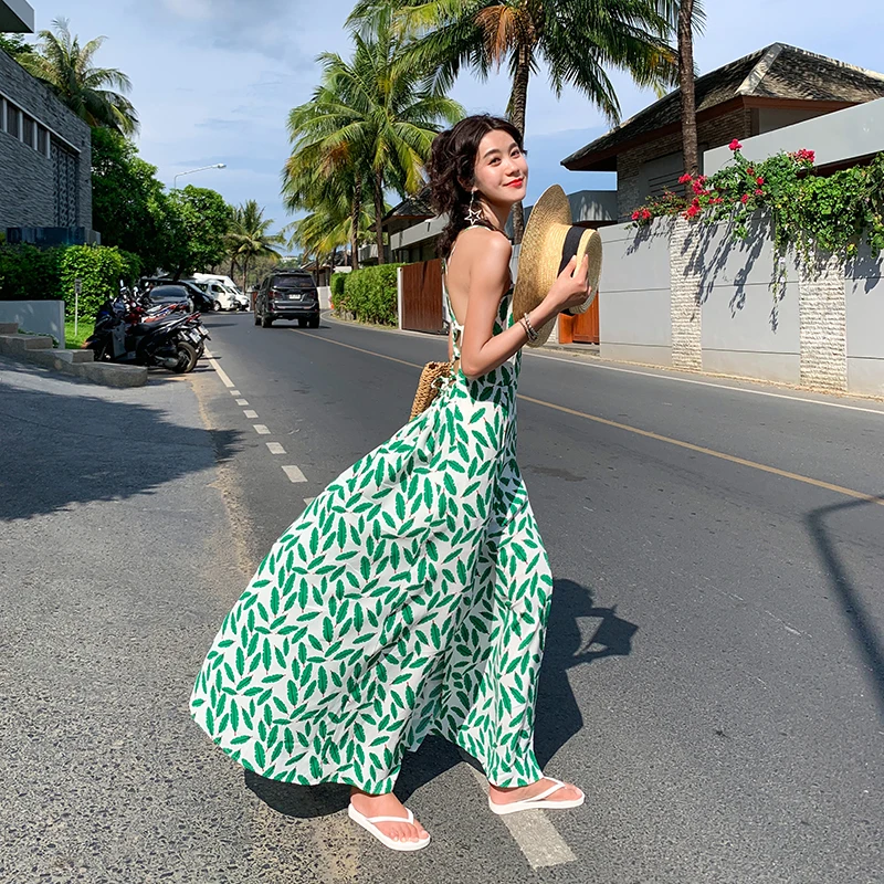 Summer Women Backless Straps Maxi Sundress Female Tropical Long Sea Beach Dress Elegant Vacation Vintage Boho Runway Dress New