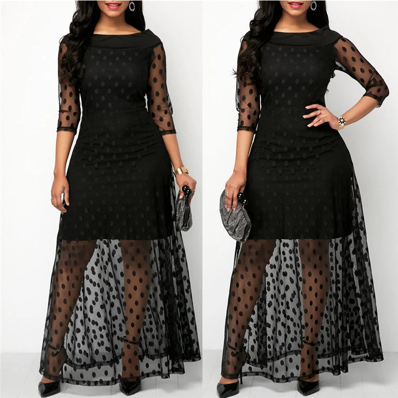 

Summer Women Dress Polka Dot Print Lace Maxi Dresses For Women Elegant Ladies Dresses Casual Black Plus Size Evening Party Dress