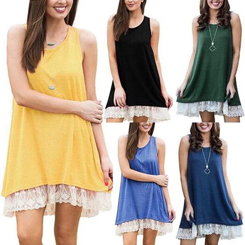 Joineles 6 Solid Colors Women Sundress Round Neck Sleeveless Summer Dress Lace Crochet Mini Casual Vestidos S~2XL | Женская одежда